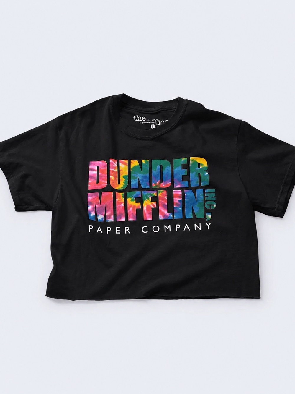 Urban Outfitters Black Crop Tee with Multicolor Tie-Dye DUNDER MIFFLIN Logo